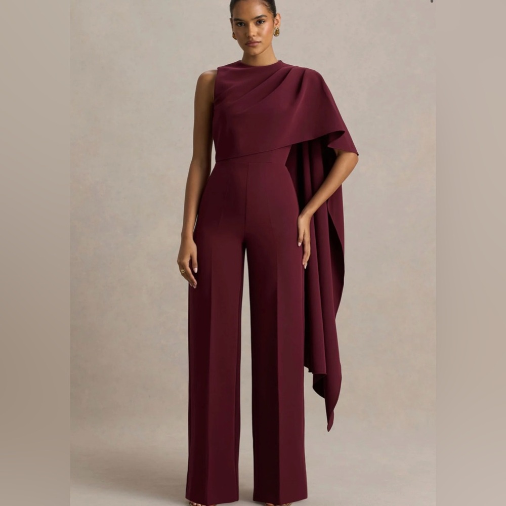 Club L London Burgundy One-Shoulder Draped Wide-Leg Jumpsuit